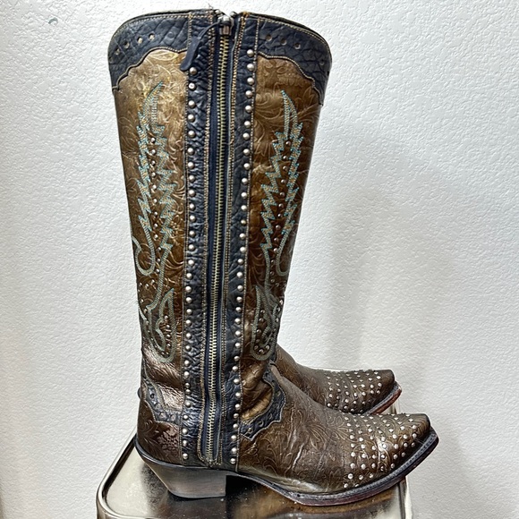 Dan Post Shoes - DAN POST Brown and Black Studded Cowboy Boots Womens 9.5 Metallic Olive Snip Toe